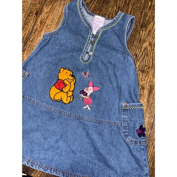 Vintage Disney Winnie the Pooh Denim Jumper Dress 4t Rare Piglet Y2K embroidered - Picture 2 of 5